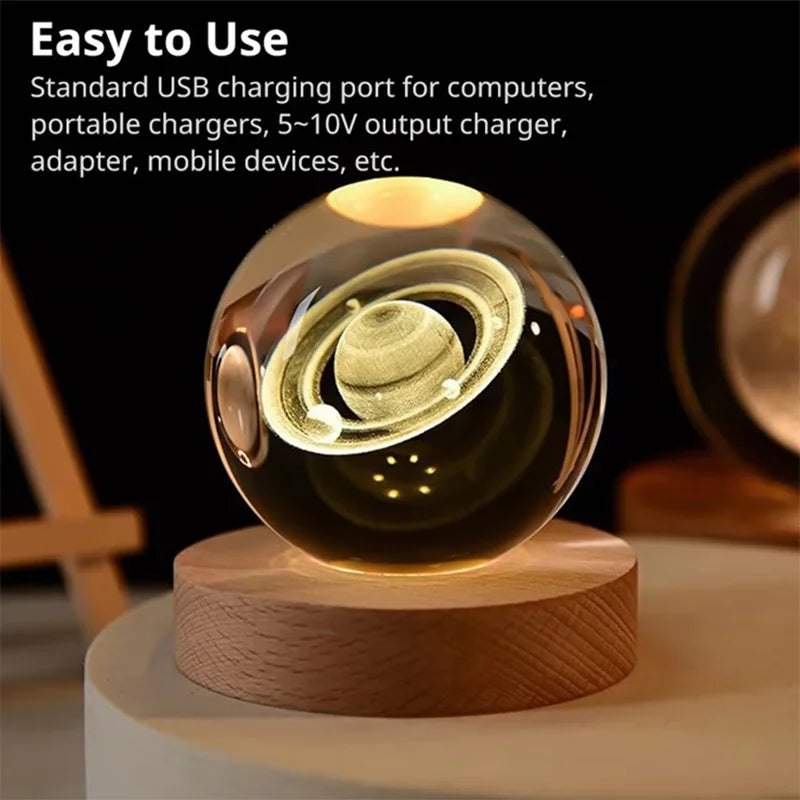 3D Crystal Ball Galaxy Night Light | Glowing Planet & Astronaut Moon Lamp (Random Design)