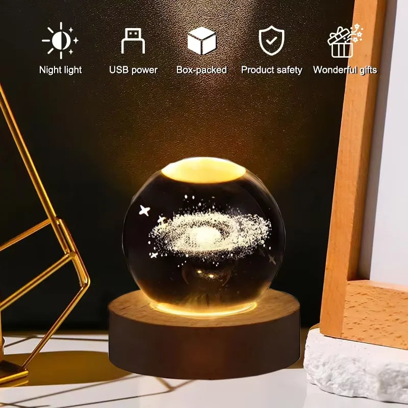 3D Crystal Ball Galaxy Night Light | Glowing Planet & Astronaut Moon Lamp (Random Design)