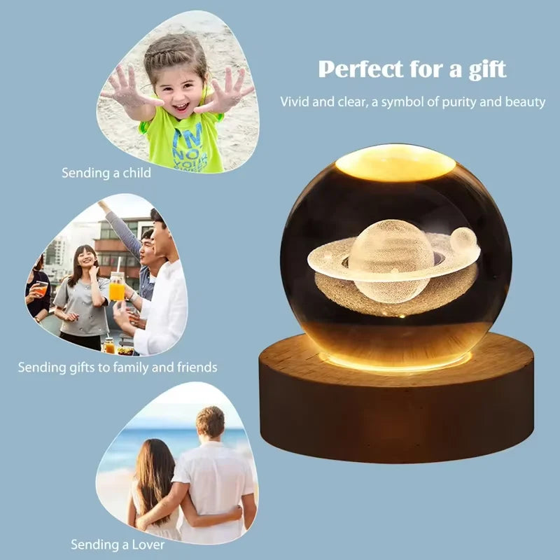 3D Crystal Ball Galaxy Night Light | Glowing Planet & Astronaut Moon Lamp (Random Design)